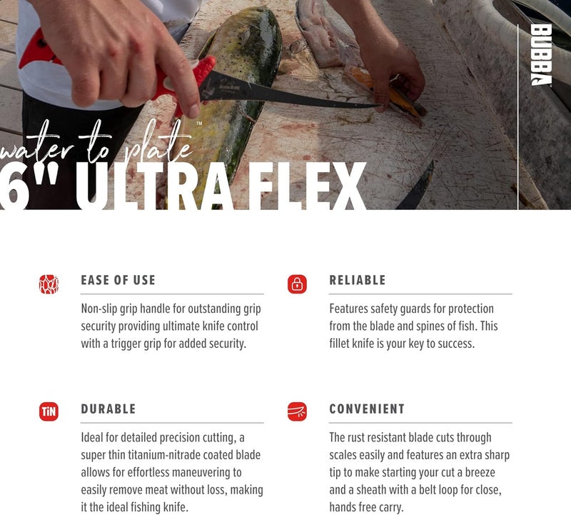 Bubba 6 Inch Ultra Flex Tapered Fillet Knife with Non-Slip Grip Handle, 8Cr13MoV Stainless Steel Blade, Lanyard Hole and Synthetic Sheath for Fishing - Image 4